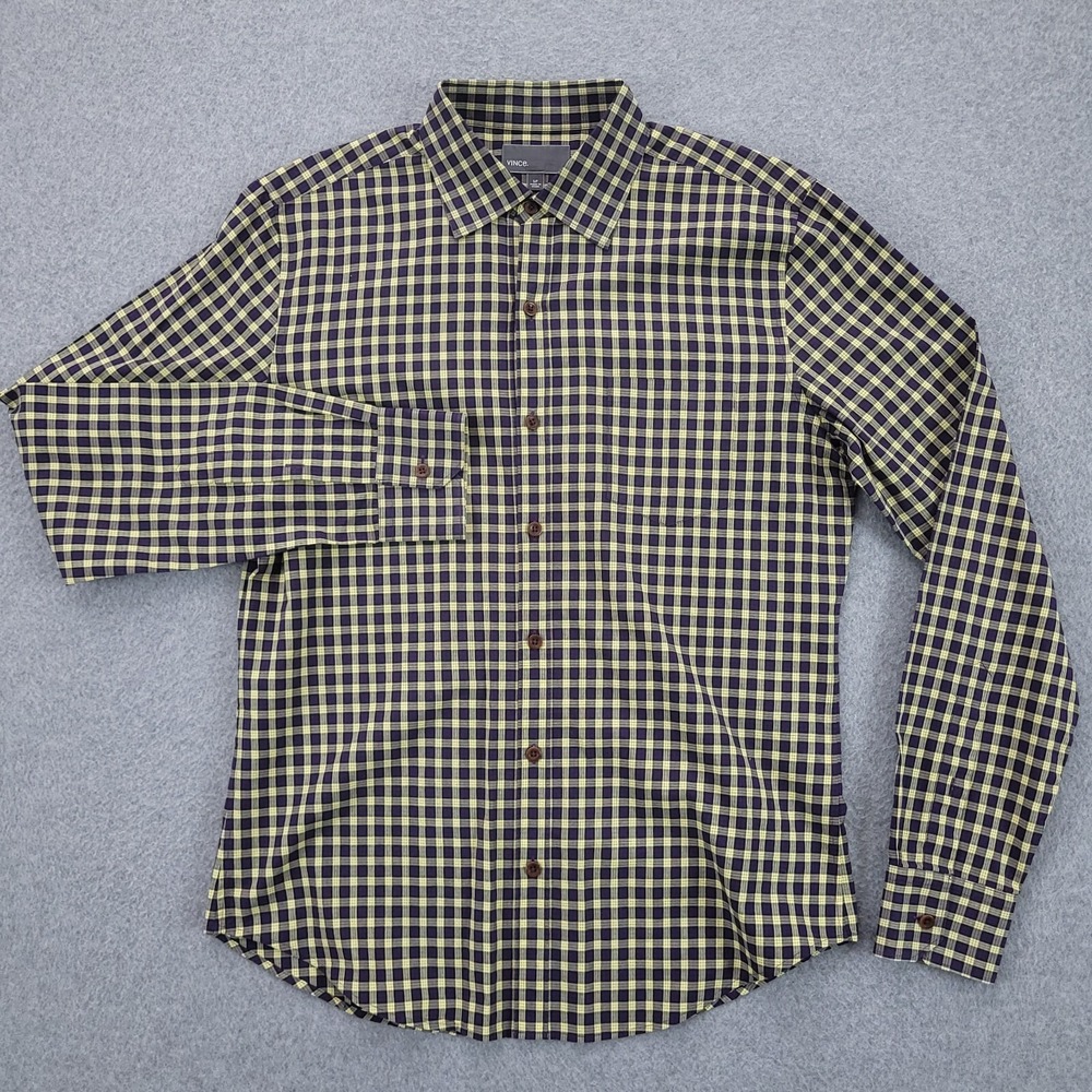 Vince Button Up Shirt Small Long Sleeve Yellow Gray Plaid Mens